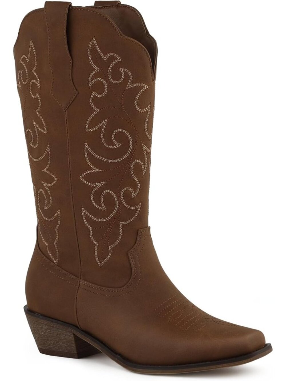 Women's Brown Mid-Calf Cowgirl Boots Square Toe Low Chunky Heel Western Boots